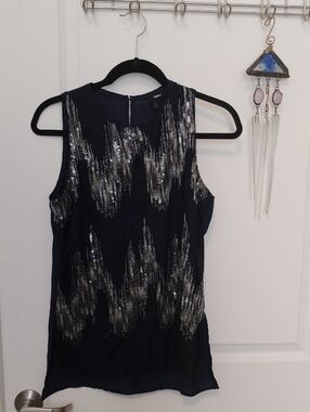 Massimo Navy Sleeveless Top with Silver Sequin Fringe
